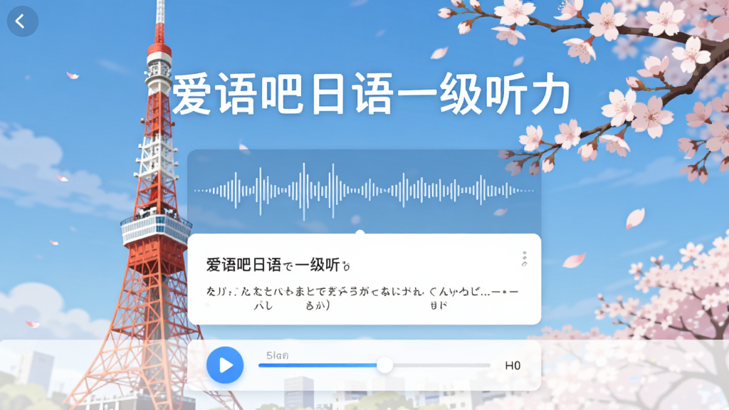 日语学习软件界面,主视觉为「爱语吧日语一级听力」标题,背景是东京塔与樱花元素,中央展示音频波形与听力题目卡片,布局简洁,排版清晰,风格现代扁平化,细节包含播放按钮、进度条、日语文字标注,画质高清,干净,无多余元素