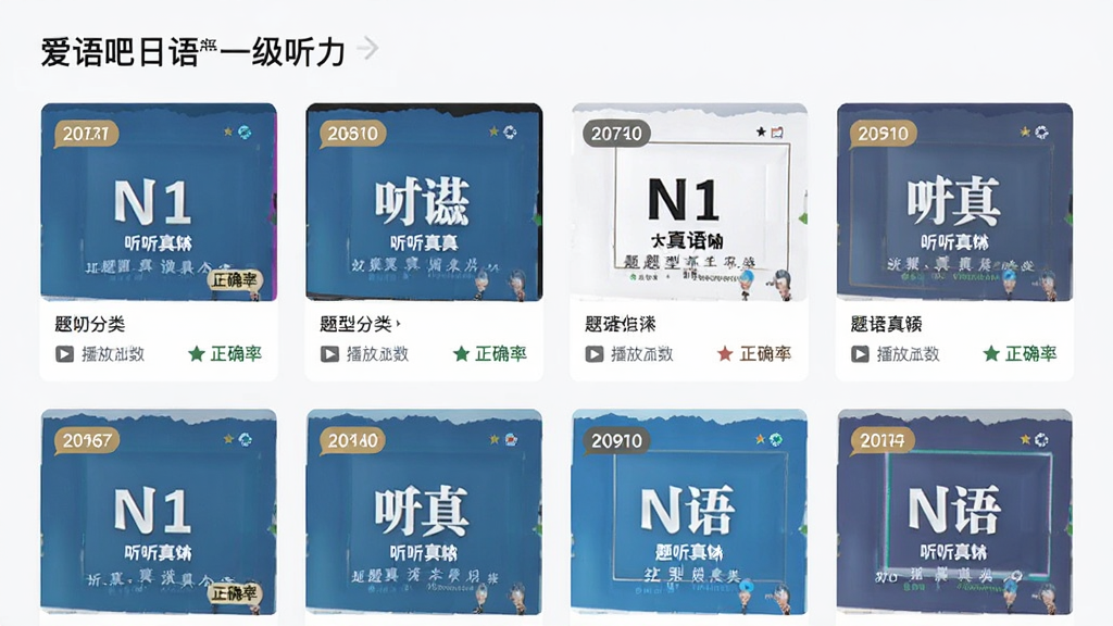 软件内部真题列表界面,标题「爱语吧日语一级听力」,展示多套N1听力真题封面,带有年份标签与题型分类,布局为卡片式网格,风格清新简约,细节有播放次数与正确率标记,画质高清,干净,无多余元素