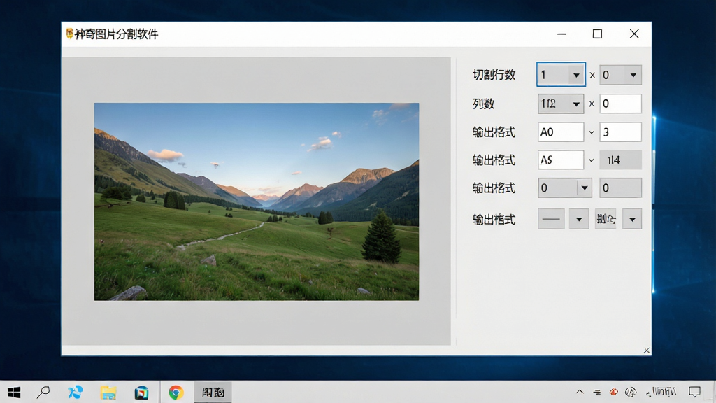 一张Windows电脑桌面截图,画面中央是“神奇图片分割软件”的主界面,左侧显示图片预览区域,右侧排列着切割行数、列数、输出格式等设置选项,界面风格简洁清爽,背景为浅灰色,屏幕下方有任务栏,整体呈现真实软件操作场景,画质清晰,干净无多余元素