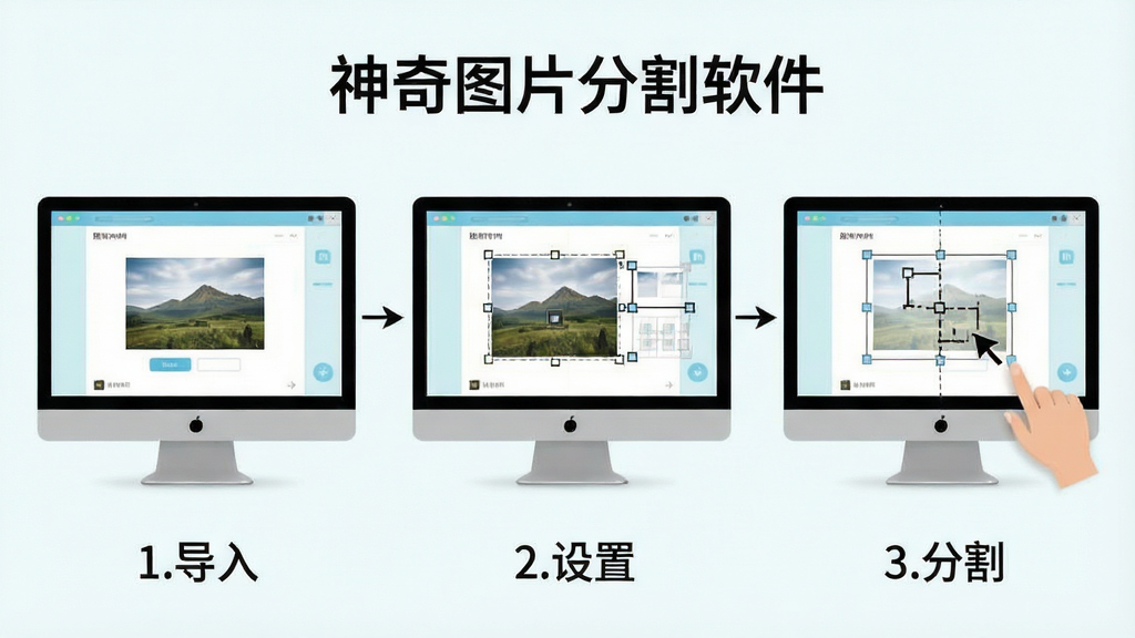 一张“神奇图片分割软件”使用教程示意图,画面中显示电脑屏幕分步骤展示导入图片、设置行列、点击分割三个操作环节,每步配有简洁文字标注“1.导入”“2.设置”“3.分割”,界面风格清新浅色,画质清晰,无多余元素
