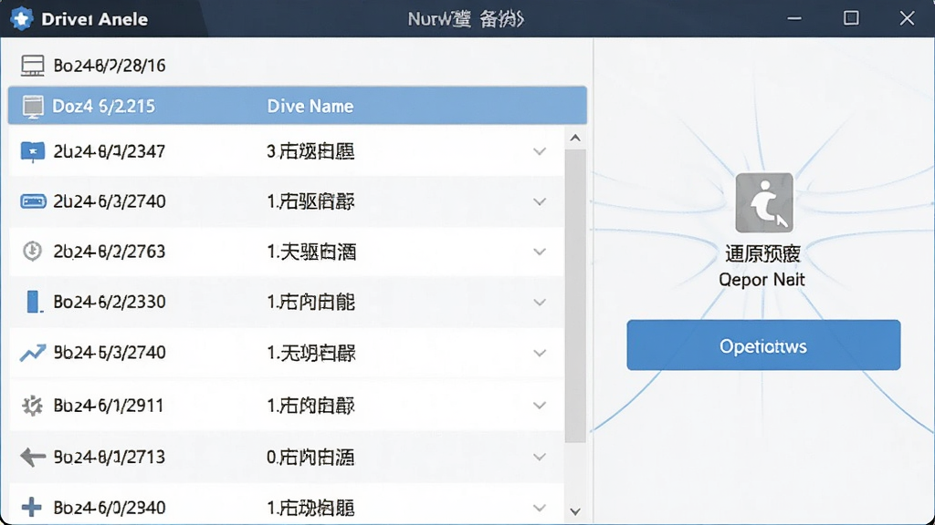 一张展示驱动天使驱动备份与还原功能的图片,画面主体为软件界面中的备份列表和还原按钮,布局左右分栏,排版规整,风格为清爽商务风,细节包括备份日期、驱动名称、还原操作图标,画质高清,干净,无多余元素