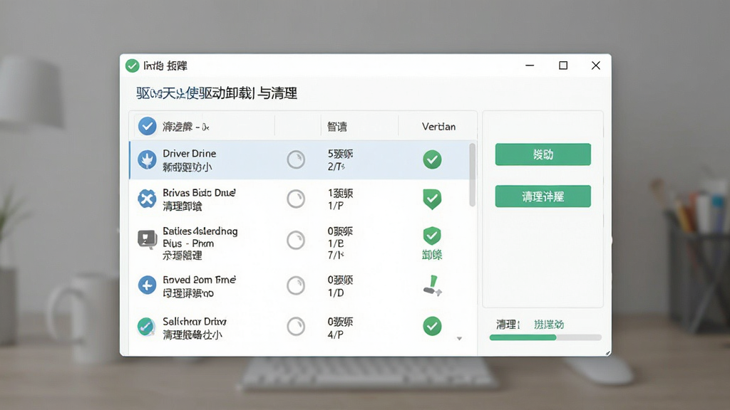 一张展示驱动天使驱动卸载与清理功能的图片,画面中央为软件窗口,显示驱动列表和卸载按钮,布局简洁,排版清晰,风格为浅色极简风,细节包括驱动名称、版本号、卸载图标和清理进度,画质高清,干净,无多余元素