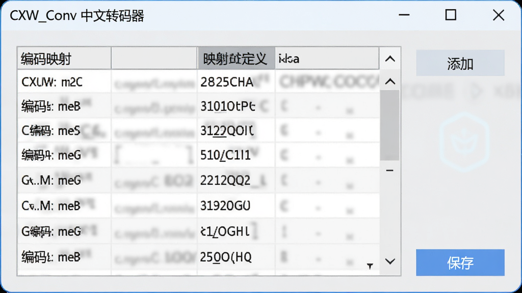 画面为软件设置窗口特写,窗口内显示“CXW_Conv 中文转码器”的编码映射表编辑界面,表格中列出多种编码名称与对应代码页,右侧有添加和保存按钮,背景为浅色磨砂质感,风格为现代 UI 设计,细节清晰展示自定义选项,画质锐利,干净,无多余元素