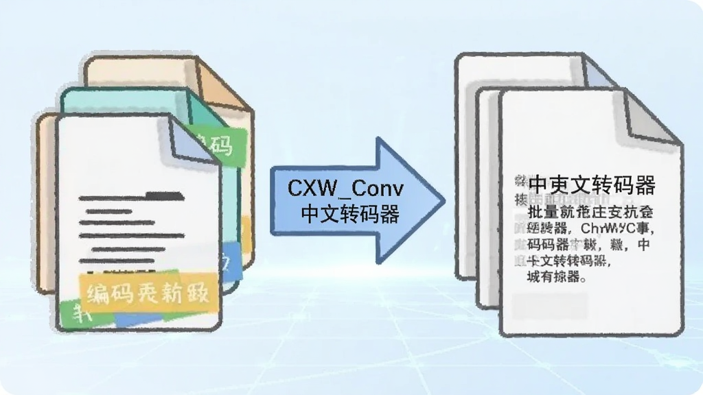画面展示多份文档图标从左侧整齐排列,通过中间一个带有“CXW_Conv 中文转码器”字样的转换箭头,变为右侧显示正常中文的文档,背景为淡蓝色科技感网格,风格为矢量插画,细节突出批量文件与编码标签,画质清晰,干净,无多余元素