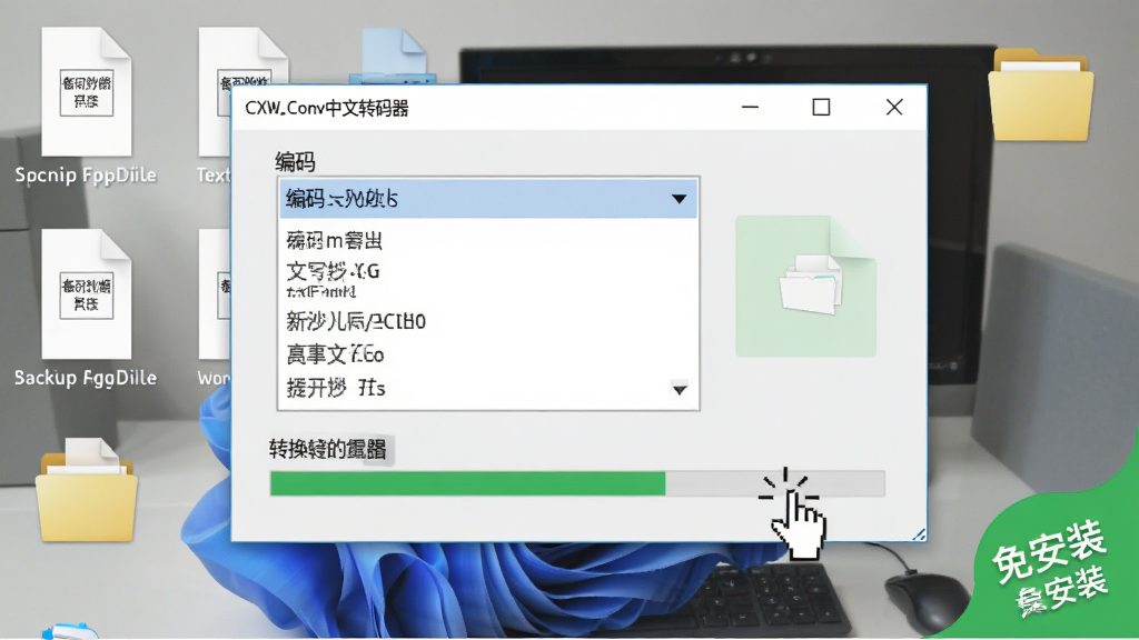一张展示电脑桌面上多个文本文件被拖入 CXW_Conv 中文转码器 窗口的示意图,窗口内显示编码选择下拉菜单和转换进度条,旁边有备份文件夹图标,背景为简洁办公环境,风格为写实软件截图风格,细节包含鼠标拖拽动作和绿色免安装标签,画质清晰,干净,无多余元素