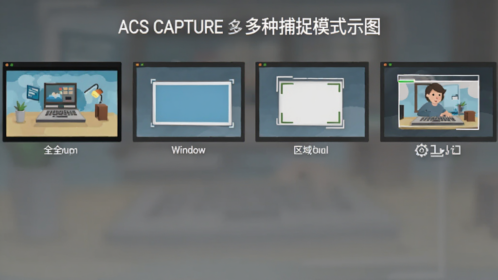 展示 ACS Capture 多种捕捉模式的示意图,画面中并排显示四个小屏幕,分别标注全屏、窗口、区域、滚动四种模式,每个小屏幕内有对应的捕捉示意画面,整体布局为横向排列,风格为扁平化图标设计,细节清晰,画质干净,无多余元素