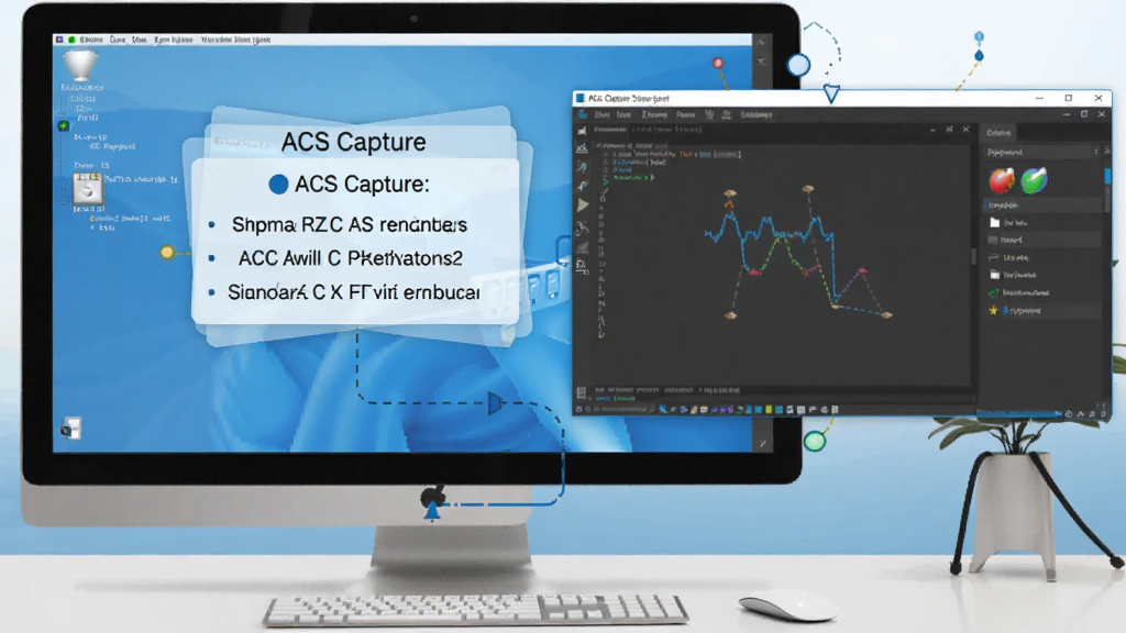 展示 ACS Capture 使用技巧的示意图,画面中是一个电脑桌面,上面有快捷键提示浮层和软件操作界面,布局为居中展示,风格为信息图风格,细节清晰,画质干净,无多余元素