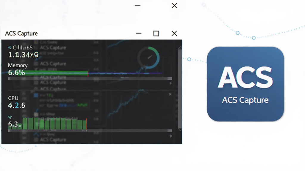 展示 ACS Capture 轻量运行与低资源占用特点的图片,画面中是一个任务管理器界面,显示 ACS Capture 的内存和 CPU 占用率极低,旁边是软件图标,整体布局简洁,风格为数据可视化风格,细节清晰,画质干净,无多余元素