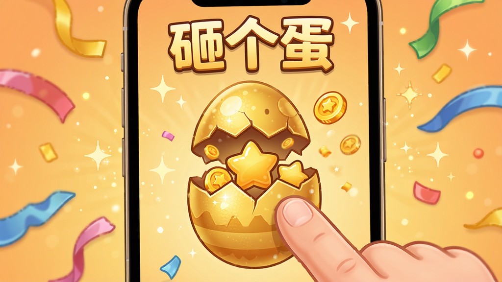 手机屏幕中显示一只金色的彩蛋被手指点击,蛋壳裂开露出里面的小星星和金币,屏幕周围散落着彩带和闪光特效,背景是温馨的暖色调,画面顶部有“砸个蛋”字样,卡通插画风格,细节精致,高画质,干净,无多余元素