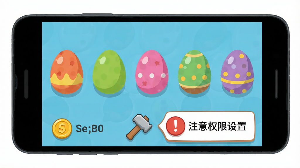 一部安卓手机屏幕显示砸个蛋游戏主界面,界面上有多个彩色蛋排列,下方有金币数量和锤子图标,旁边有一个红色感叹号提示框写着“注意权限设置”,整体风格清晰直观,卡通扁平化设计,高画质,干净,无多余元素