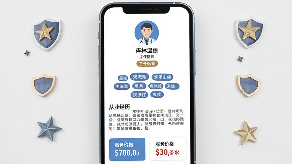 手机屏幕展示专家个人主页界面,顶部有圆形头像和姓名,下方有
