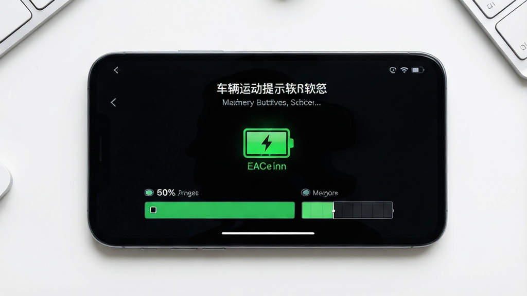 一张展示车辆运动提示软件低功耗运行特性的图片,画面主体是一部手机屏幕显示电池与内存占用低的提示界面,屏幕上有绿色节能图标,背景为简洁的白色桌面,布局手机居中,排版干净,风格为清新简约风,细节包括电量百分比和内存条,画质高清,干净,无多余元素