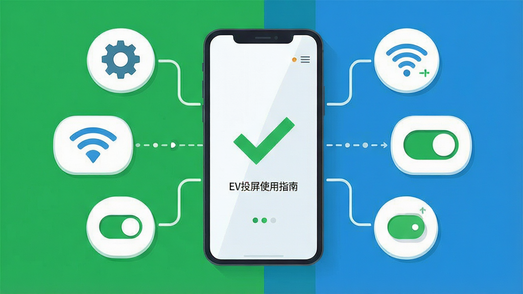 EV投屏使用指南示意图,画面为手机与电视连接成功的界面,屏幕上有绿色对勾标识,周围环绕设置齿轮、WiFi信号、权限开关等图标,布局以手机为中心,排版清晰,风格扁平化设计,细节包含文字标签和状态指示,画质高清,干净,无多余元素