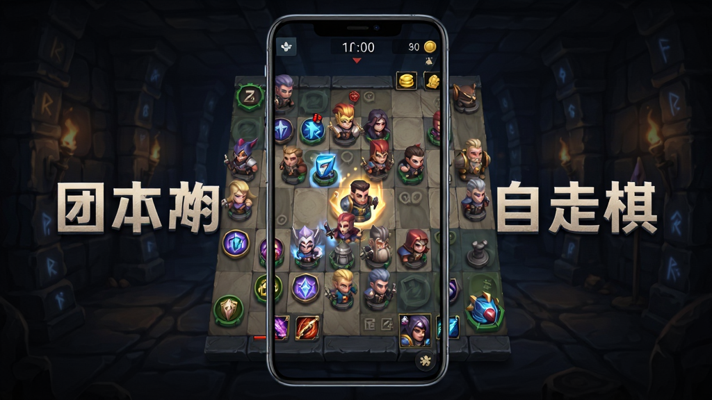 画面中央放置一款竖屏手机,屏幕内展示团本自走棋的对战界面,棋盘上分布着不同职业的Q版英雄棋子,上方有回合倒计时与金币数量,背景为暗色调的奇幻地牢风格,周围漂浮着“团本自走棋”文字标题,主体突出、布局居中、排版简洁,风格为游戏宣传海报,细节包括棋子光效、羁绊图标、血条与装备栏,画质高清、干净、无多余元素