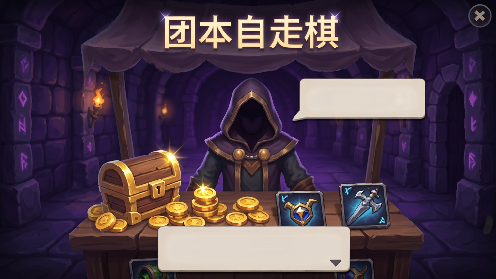 游戏内随机事件界面插画,画面中央是一个戴着兜帽的神秘商人站在摊位后,摊位上摆放着宝箱、金币和装备图标,背景为暗紫色地牢通道,上方有“团本自走棋”发光文字,主体为商人摊位、布局为居中展示、排版简洁,风格为奇幻RPG界面,细节包括金币反光、装备图标、对话气泡,画质高清、干净、无多余元素