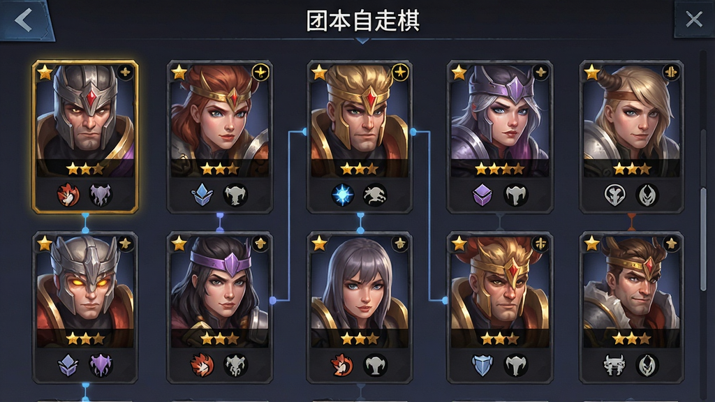 一张游戏内的协同图鉴界面截图风格插画,画面中排列着多个英雄头像卡片,每张卡片下方标注职业与种族图标,顶部有“团本自走棋”字样,主体为图鉴网格、布局为三列排布、排版整齐,风格为UI界面展示,细节包括卡片边框、星级标记、协同连线,画质高清、干净、无多余元素