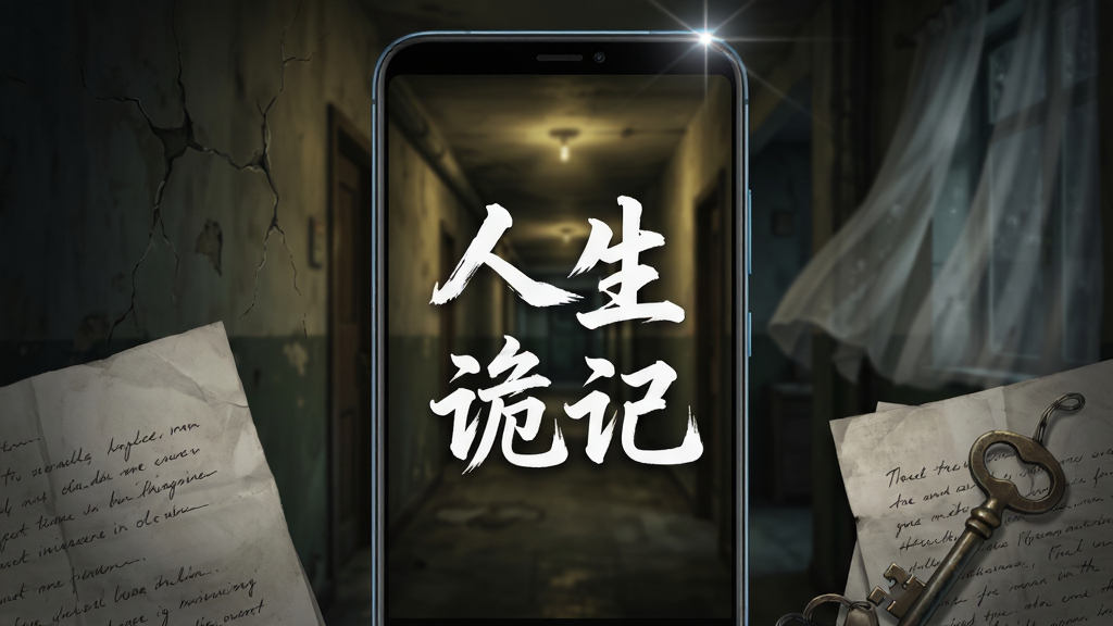 画面中央是一部竖屏安卓手机,手机屏幕显示暗黑风格文字剧情界面,界面中有「人生诡记」四个白色毛笔字标题,背景是模糊的旧式居民楼走廊,昏黄灯光,手机周围散落几张写满字的信纸和一把老式钥匙,整体布局为居中构图,风格为悬疑惊悚插画,细节包含墙上的裂纹、飘动的窗帘、手机边缘的轻微反光,画质高清,干净,无多余元素