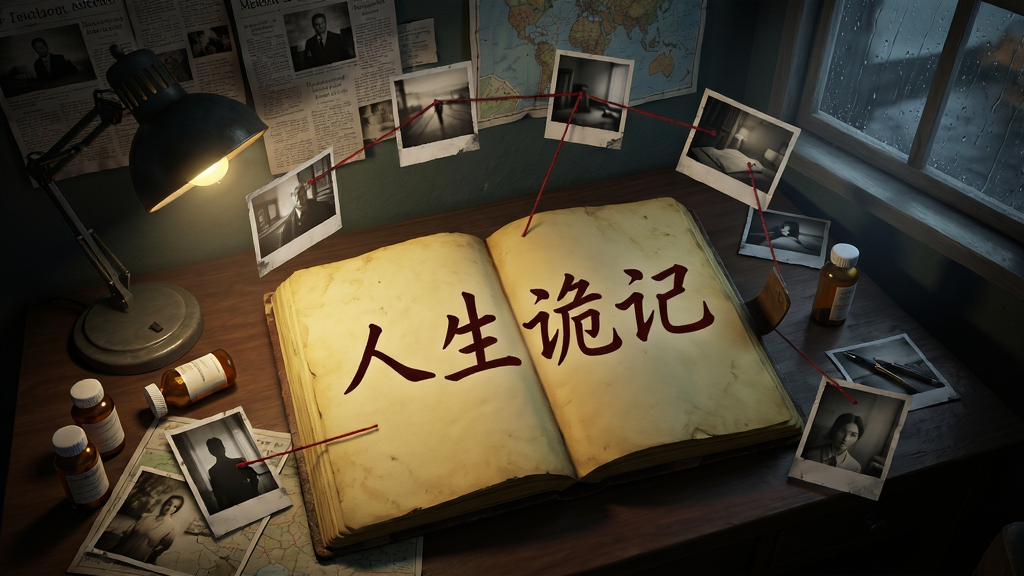 一个幽暗的房间内,书桌上摊开一本泛黄日记本,日记本页面浮现出「人生诡记」四个暗红色手写字,周围有悬浮的碎片化照片和红线连接,背景墙壁上贴满剪报和地图,布局为俯视视角,风格为悬疑解谜游戏概念图,细节包含闪烁的台灯、散落的药瓶、窗外的雨滴,画质精细,干净,无多余元素
