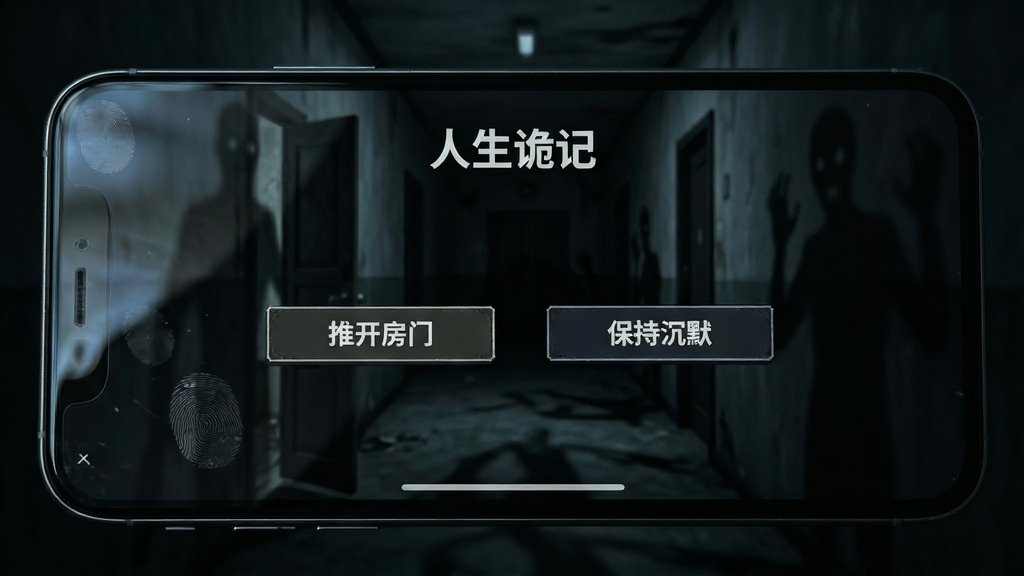 一个手机屏幕特写,屏幕显示「人生诡记」游戏中的对话选择界面,两个选项按钮分别写着「推开房门」和「保持沉默」,背景是昏暗的走廊,墙壁上有诡异的影子,布局为手机正面平放,风格为暗黑悬疑UI设计,细节包含屏幕边缘的指纹、微弱的环境光反射,画质清晰,干净,无多余元素