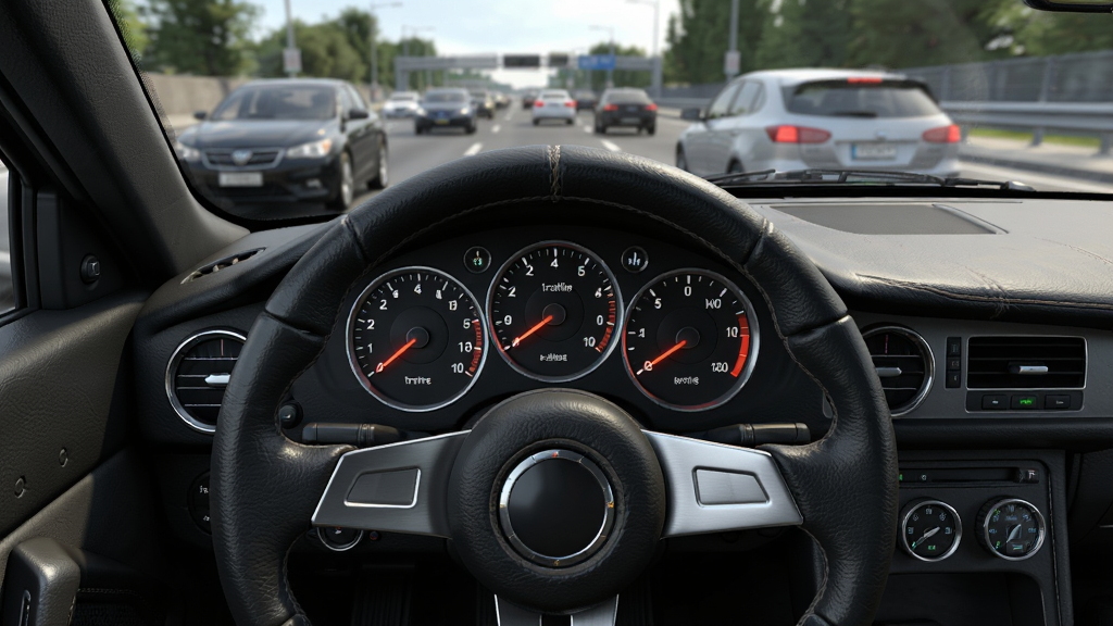 主体是Traffic Racer Pro游戏中的驾驶舱第一人称视角,布局为居中对称,排版展示仪表盘和中控台,风格为高清3D写实,细节包括方向盘皮革纹理、仪表盘指针反光、挡风玻璃外的车流,画质为超清,干净无多余元素,画面中不出现任何文字