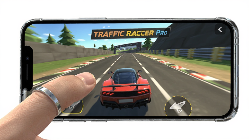 主体是一部智能手机屏幕显示Traffic Racer Pro游戏画面,布局为竖屏手持视角,排版突出手机边框和游戏界面,风格为产品展示摄影,细节包括手指触控屏幕、游戏里的跑车和道路、手机金属边框反光,画质为高清,干净无多余元素,画面中不出现任何文字