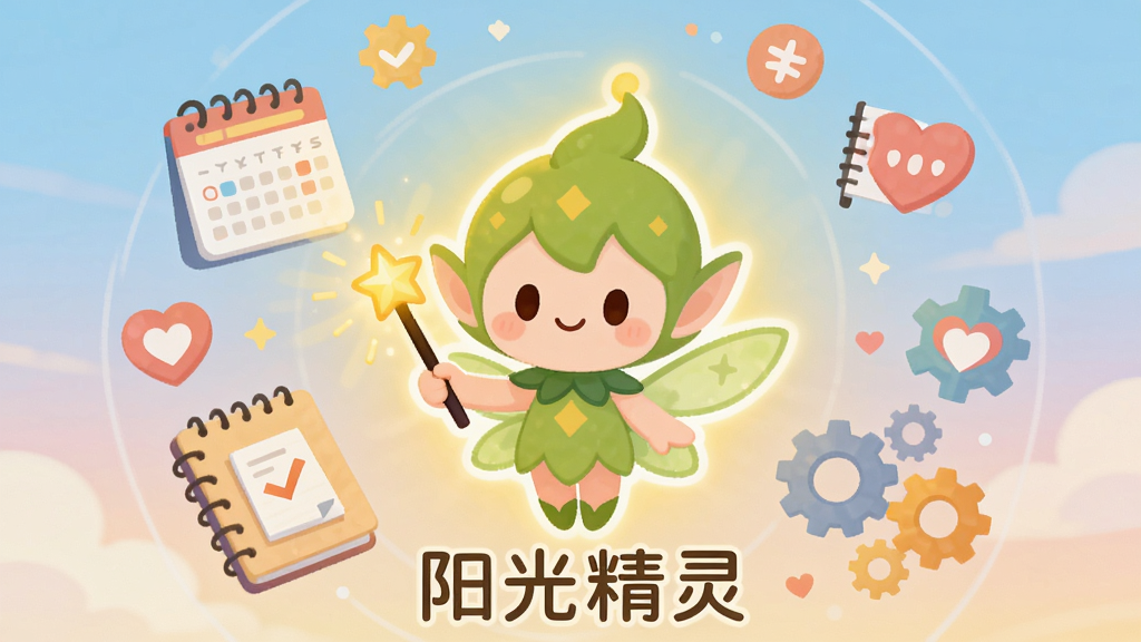 画面中央是一个散发温暖光芒的卡通精灵形象,周围环绕着日程表、笔记本、心形图标和齿轮等代表效率与生活的元素,整体布局采用圆形放射状构图,风格为清新治愈的扁平化插画,细节上精灵面带微笑,手持魔法棒,背景是柔和的渐变色天空,画质高清,画面干净,无多余元素,图片下方带有文字“阳光精灵”。
