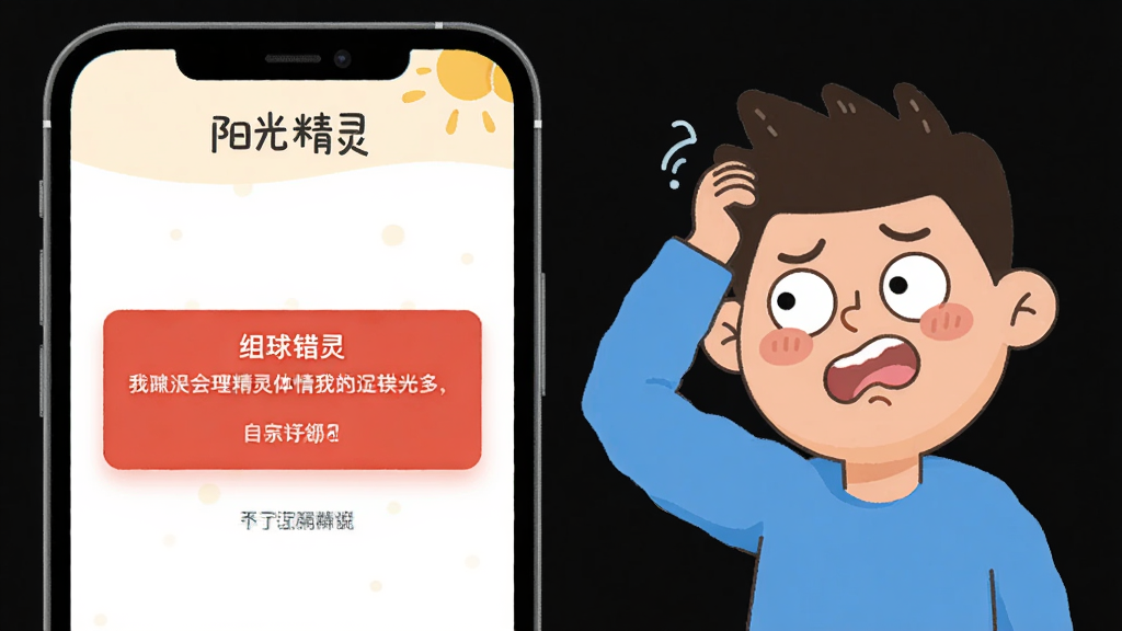 画面是一个手机屏幕显示阳光精灵应用出现错误提示的界面,旁边有一个卡通人物正在挠头困惑,布局为左右对比,风格为扁平化插画,细节上错误提示框为红色,人物表情夸张,画质清晰,画面干净,无多余元素,屏幕上方有“阳光精灵”标题。