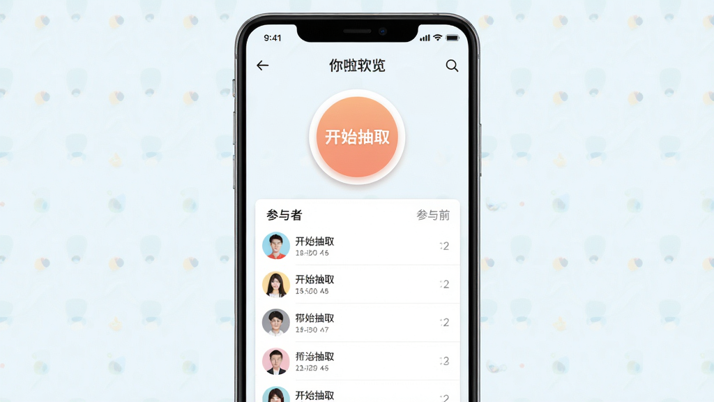 该你啦软件主界面预览图,画面中央展示一部安卓手机,手机屏幕内呈现该你啦应用的主操作界面,界面包含醒目的“开始抽取”圆形按钮和下方排列整齐的参与者名单列表,背景为干净浅色系,布局简洁直观,风格为现代扁平化UI设计,细节上按钮带有柔和阴影,名单文字清晰可辨,画质为高清2K分辨率,画面干净无多余元素,整体色调明快清爽。
