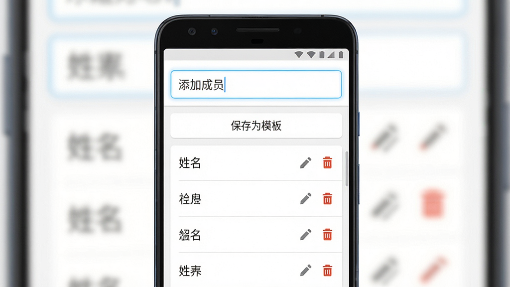 该你啦名单管理界面截图,画面展示一部竖屏安卓手机,手机屏幕内呈现该你啦应用的名单编辑页面,页面顶部有“添加成员”输入框,下方为已录入的姓名列表,每个姓名右侧带有编辑和删除图标,列表上方有“保存为模板”按钮,背景为纯白色,布局采用卡片式分区设计,风格为清爽简约的移动端UI,细节上输入框带有淡蓝色聚焦边框,列表项之间有浅灰色分割线,画质为高清1080P,画面干净无多余元素,整体观感舒适易读。