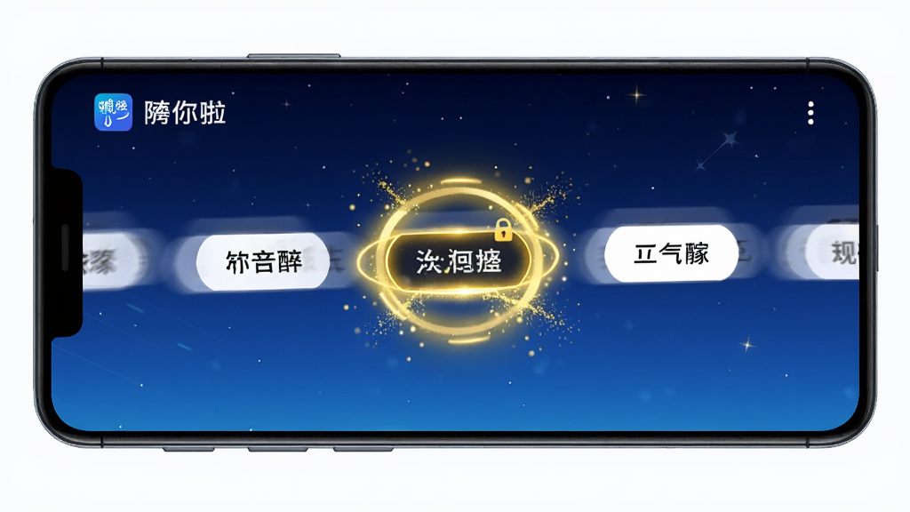 该你啦随机抽取功能展示图,画面主体为一部横向放置的安卓手机,屏幕中显示该你啦应用正在执行抽取动作,画面中央有多个名字标签在快速滚动,其中一个标签被金色光环高亮锁定,背景为深蓝色渐变星空效果,布局上手机占据画面中心位置,风格为科技感动态插画,细节上高亮标签带有粒子特效,滚动残影清晰可见,画质为超高清4K,画面干净无多余元素,整体视觉效果炫酷且聚焦。