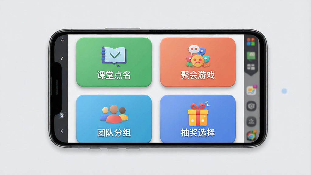 该你啦多场景模式切换示意图,画面中央展示一部安卓手机,手机屏幕内呈现该你啦应用的模式选择界面,界面上有四个大尺寸卡片按钮分别标注“课堂点名”“聚会游戏”“团队分组”“抽奖选择”,每个卡片配有对应的简约图标,背景为柔和浅灰色,布局为两行两列网格排列,风格为轻拟物化设计,细节上卡片带有轻微投影和圆角,图标色彩鲜明,画质为高清2K,画面干净无多余元素,整体排版整齐有序。