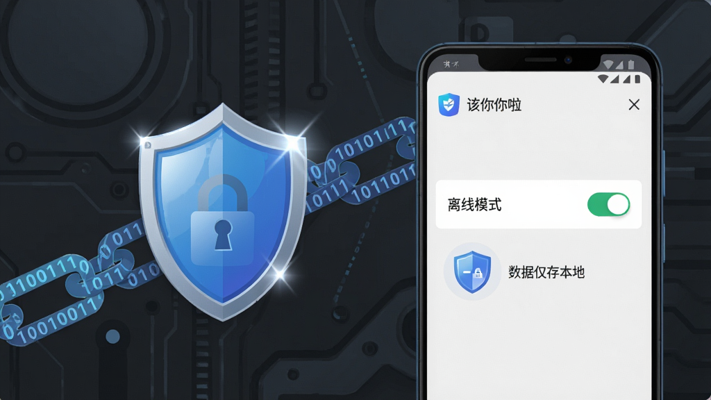 该你啦隐私安全功能宣传图,画面主体为一部安卓手机,手机屏幕显示该你啦应用设置页面,页面中“离线模式”开关处于开启状态,旁边有盾牌图标和“数据仅存本地”字样,背景为深灰色科技纹理,布局上手机位于画面右侧,左侧有抽象的数据锁链图形,风格为扁平化安全主题插画,细节上盾牌带有高光反射效果,锁链图形由二进制数字构成,画质为超高清4K,画面干净无多余元素,整体传递安全可靠的视觉感受。