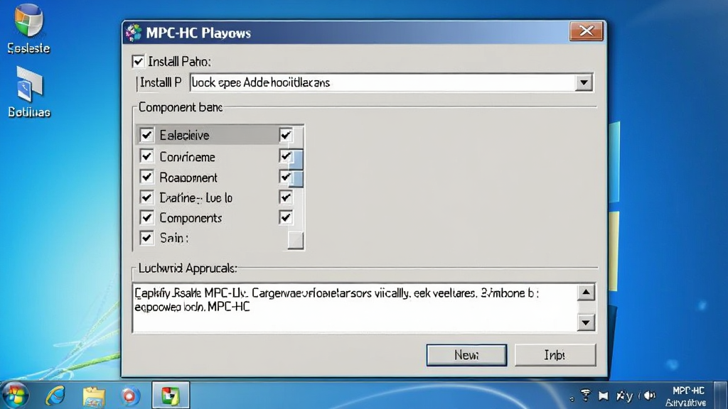 一张展示MPC-HC播放器在Windows系统上安装界面的截图,主体为安装向导对话框,布局包含安装路径选择、组件勾选列表、许可协议,排版为经典软件安装界面,风格写实,细节包含复选框与按钮,画质清晰,干净,无多余元素