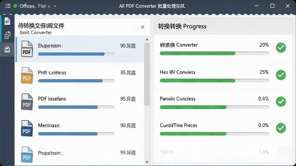 All PDF Converter 批量处理功能展示,主体为软件界面中多个文件列表与转换进度条,布局左侧为待转换文件队列,右侧为转换完成状态,排版整齐,风格为商务办公风,细节包含文件图标、进度百分比、完成勾选标记,画质清晰,干净,无多余元素