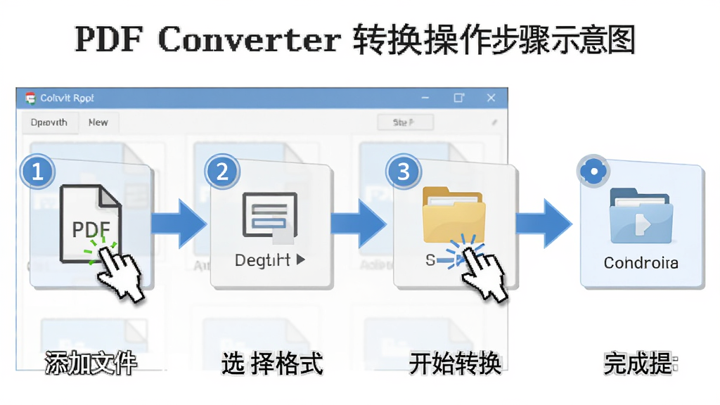 All PDF Converter 转换操作步骤示意图,主体为软件界面截图与操作箭头,布局从左到右依次为添加文件、选择格式、开始转换、完成提示,排版横向流程式,风格为教程图解风,细节包含鼠标点击高亮、步骤数字序号、输出文件夹图标,画质清晰,干净,无多余元素
