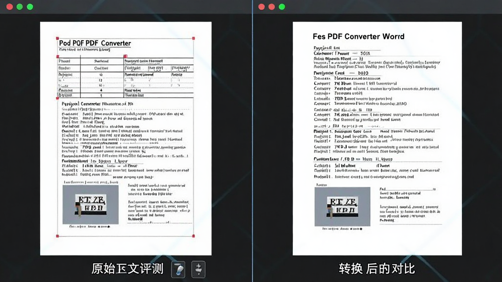 All PDF Converter 版面还原效果对比图,主体为左右分屏展示原始PDF与转换后Word文档,布局左侧为PDF原文,右侧为转换结果,排版对比清晰,风格为专业评测风,细节包含表格线条、文字对齐、图片位置一致,画质清晰,干净,无多余元素