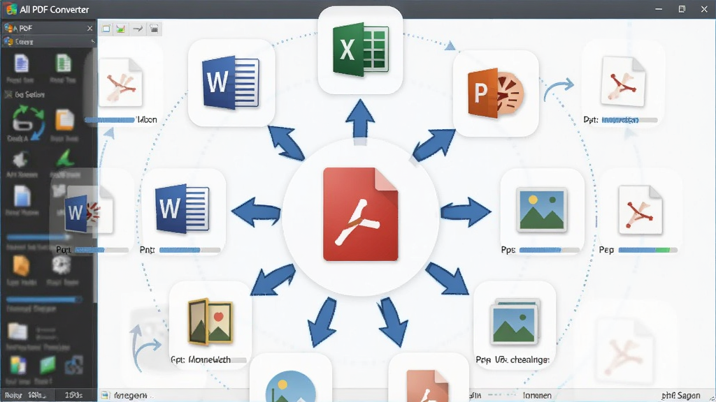 展示 All PDF Converter 多格式转换功能,主体为软件界面中文件格式图标阵列,布局以中心PDF图标向四周辐射箭头连接Word、Excel、PPT、图片等图标,排版呈圆形放射状,风格为扁平化科技感,细节包含各格式官方图标、转换箭头、进度条,画质清晰,干净,无多余元素