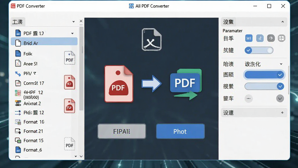 All PDF Converter 软件主界面展示,主体为软件操作窗口,布局中央为功能选择区,左侧为文件列表,右侧为参数设置面板,排版整洁有序,风格为现代简约科技风,细节包含PDF图标、转换箭头、格式选项按钮,画质清晰,干净,无多余元素