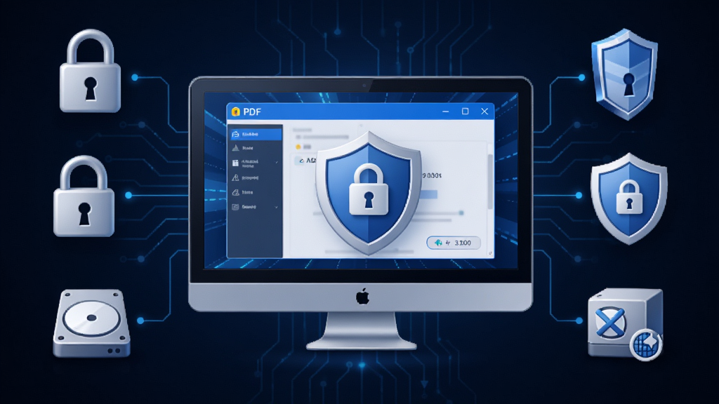 All PDF Converter 安全离线运行概念图,主体为电脑屏幕显示软件界面与盾牌安全图标,布局中心为软件窗口,四周环绕锁形与盾牌元素,排版居中对称,风格为安全科技风,细节包含加密锁、本地磁盘图标、无网络连接标识,画质清晰,干净,无多余元素