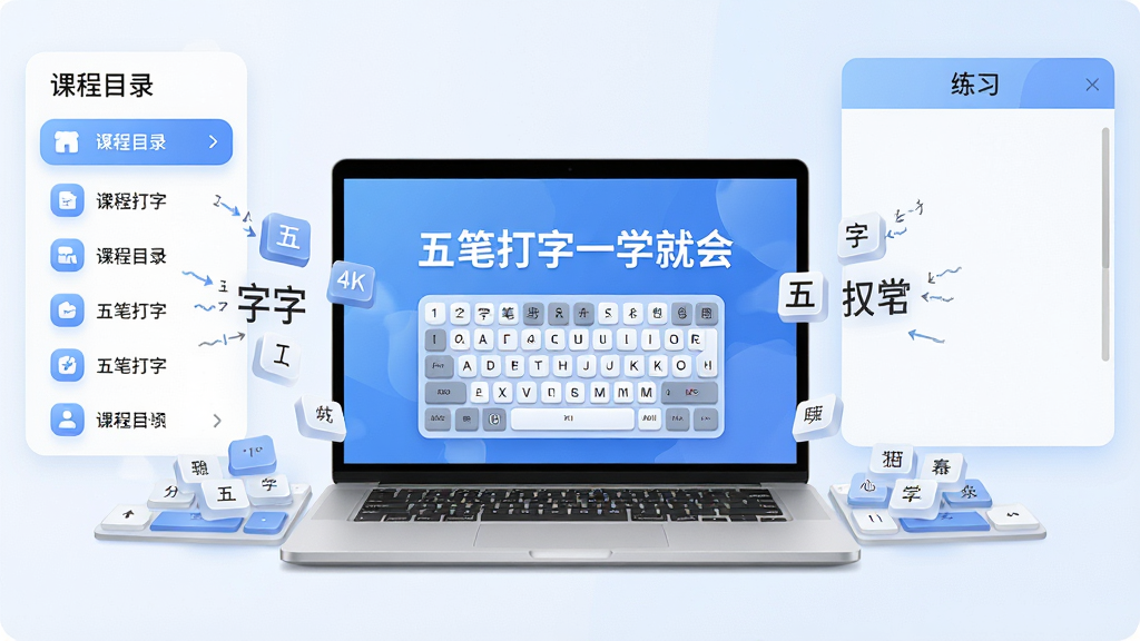 软件界面全景展示,画面中央是一台打开的笔记本电脑,屏幕上显示着“五笔打字一学就会”的启动界面和字根键盘图,周围有虚拟的键盘按键和汉字拆分动画,布局采用左右分栏,左侧为课程目录,右侧为练习区,排版整洁有序,风格为现代简约科技风,细节包含圆角图标、柔和的蓝白配色、清晰的字体,画质为4K超清,干净无多余元素