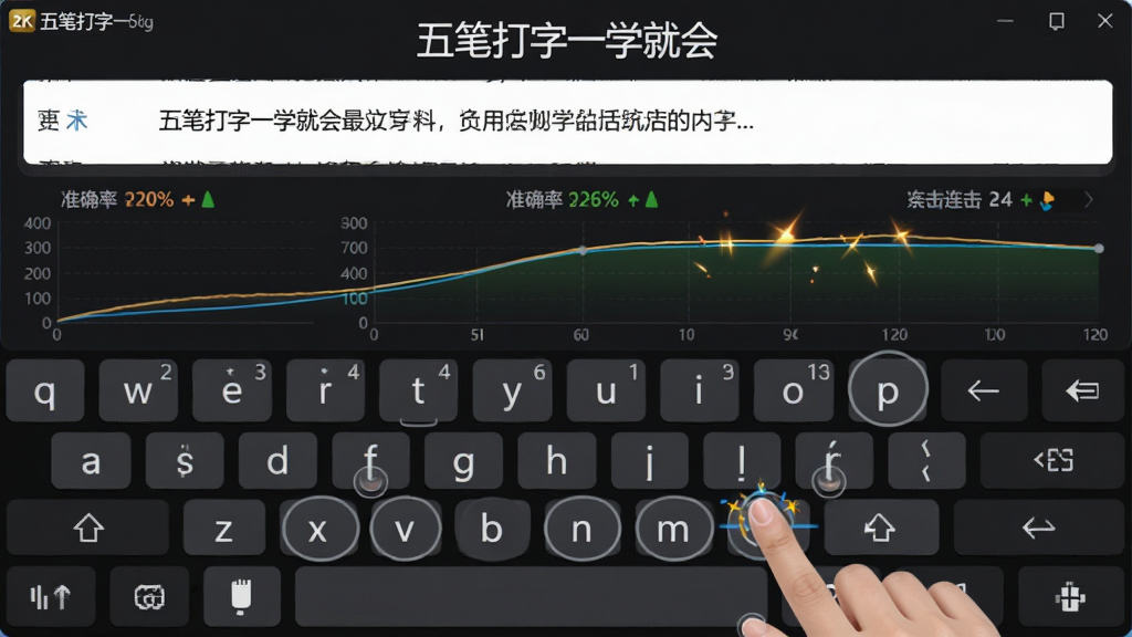 画面主体为“五笔打字一学就会”软件的练习界面截图风格,屏幕上半部分是正在跟打的文章,文字下方有实时速度曲线图,下半部分是虚拟键盘和手指提示,布局为上下结构,排版紧凑,风格为深色护眼模式界面,细节包含准确率百分比数字、连击特效,画质为2K超清,干净无多余元素