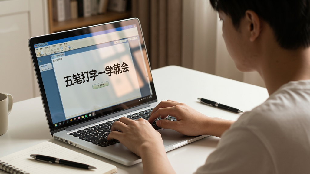 一位年轻人在书房使用笔记本电脑学习五笔打字,屏幕上显示“五笔打字一学就会”软件界面,桌面上放着笔记本和笔,画面布局为人物侧后方视角,风格为温馨生活化摄影风,细节包含屏幕反射的光线、手指放在键盘上的动作,画质为高清,干净无多余元素