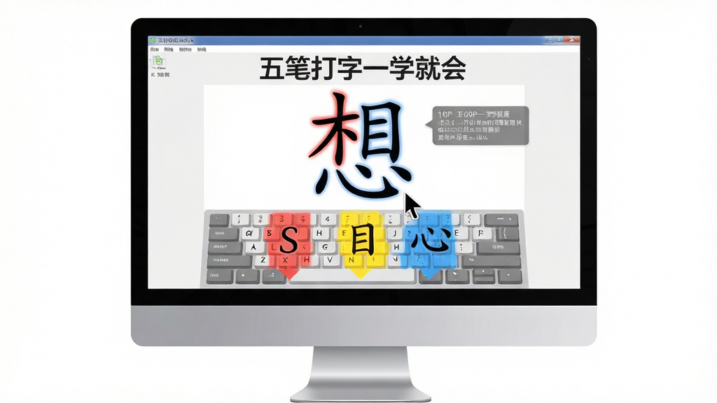 画面主体为一台台式电脑显示器,屏幕上显示着“五笔打字一学就会”软件正在运行,画面中央是一个“想”字的动态拆解图,木、目、心三个字根分别用红黄蓝三色高亮,并指向键盘上的S、H、N按键,布局为居中展示,排版清晰,风格为扁平化教学演示风,细节包含鼠标指针悬停在字根上、半透明提示框,画质为1080P高清,干净无多余元素