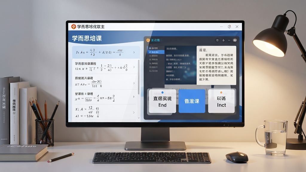 学而思培优软件主界面全貌展示,画面中央为一块高清显示屏,屏幕内呈现学而思培优课程列表与互动课堂界面,界面中有数学公式、语文课文和英语单词卡片等元素,屏幕下方摆放着键盘和鼠标,背景是整洁的书桌与柔和灯光,整体布局采用居中构图,风格为现代教育科技感,细节包括屏幕反光、书本、铅笔和一杯水,画质为4K超清、干净、无多余元素