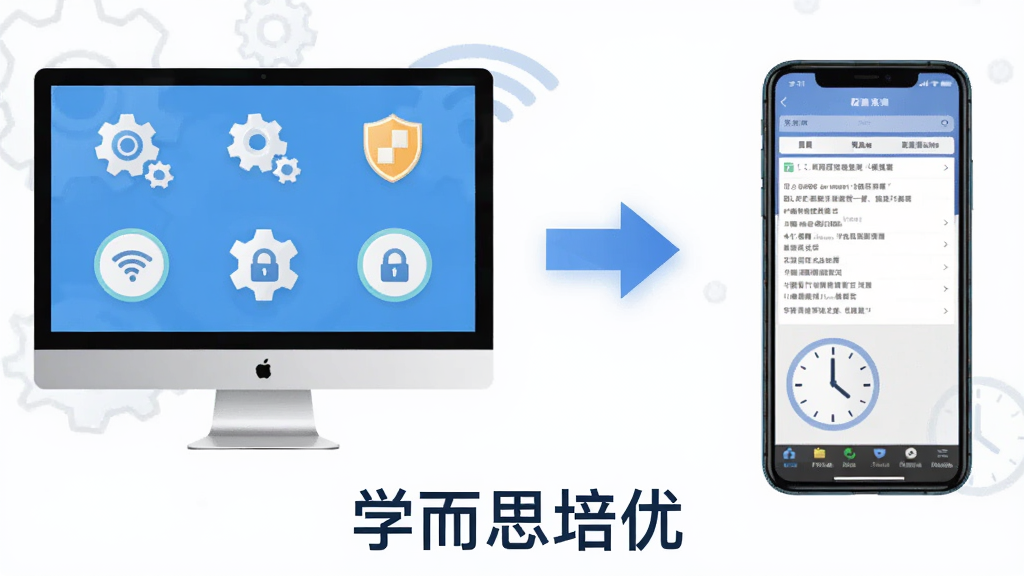 学而思培优使用指南示意图,画面为一张横向信息图,左侧为电脑端安装步骤图标,右侧为移动端权限设置界面,中间用箭头连接,底部有“学而思培优”文字标识,风格为简洁说明书排版,细节包括齿轮图标、盾牌安全符号、WiFi信号和时钟,画质为高清、干净、无多余元素