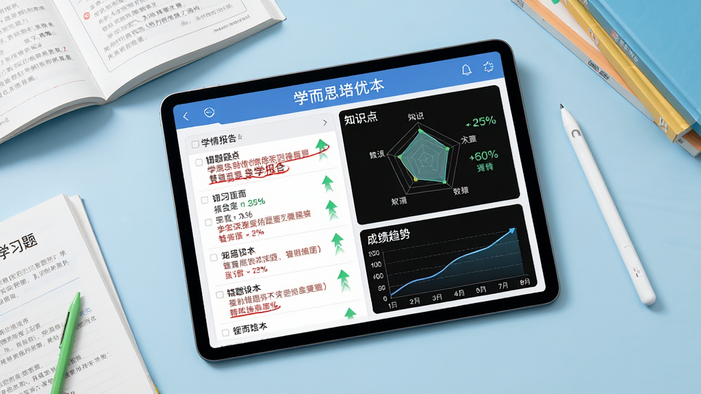 学而思培优智能错题本与学情报告界面,画面中央为一块平板电脑屏幕,屏幕内显示错题列表、知识点雷达图和成绩趋势曲线,屏幕周围散落着几本练习册和一支触控笔,背景为淡蓝色桌面,风格为清爽学习工具风,细节包括红色标注的错题、绿色上升箭头和百分比数字,画质为高清、干净、无多余元素