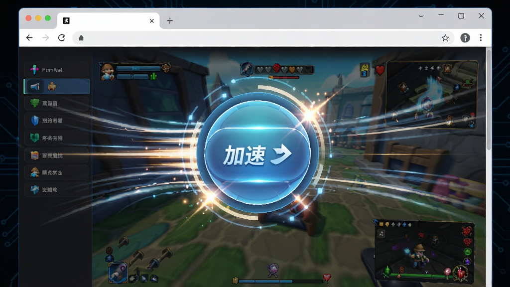 一张展示糖果游戏浏览器加速功能的图片,画面主体是浏览器界面,中央有一个醒目的加速按钮被高亮显示,周围环绕着速度线条和光效,布局简洁,风格科技感十足,细节包括游戏画面流畅运行的动态效果,画质清晰,无多余元素