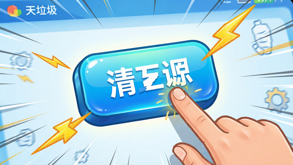 一幅描绘意天垃圾文件清理软件一键清理功能的插图,主体是一只手正在点击屏幕上的大号清理按钮,按钮周围有闪电和速度线特效,布局以按钮为中心,排版简洁有力,风格动感明快,细节包括按钮的光泽和手指的按压动作,画质高清,干净无多余元素