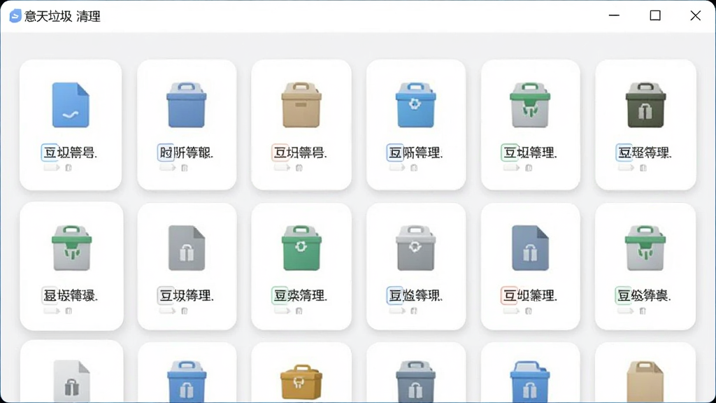展示意天垃圾文件清理软件智能分类管理界面的图片,主体是软件窗口内整齐排列的垃圾文件分类卡片,每张卡片上有图标和文字说明,布局呈网格状排列,排版清晰明了,风格简约现代,细节包括柔和的阴影和圆角设计,画质高清,干净无多余元素