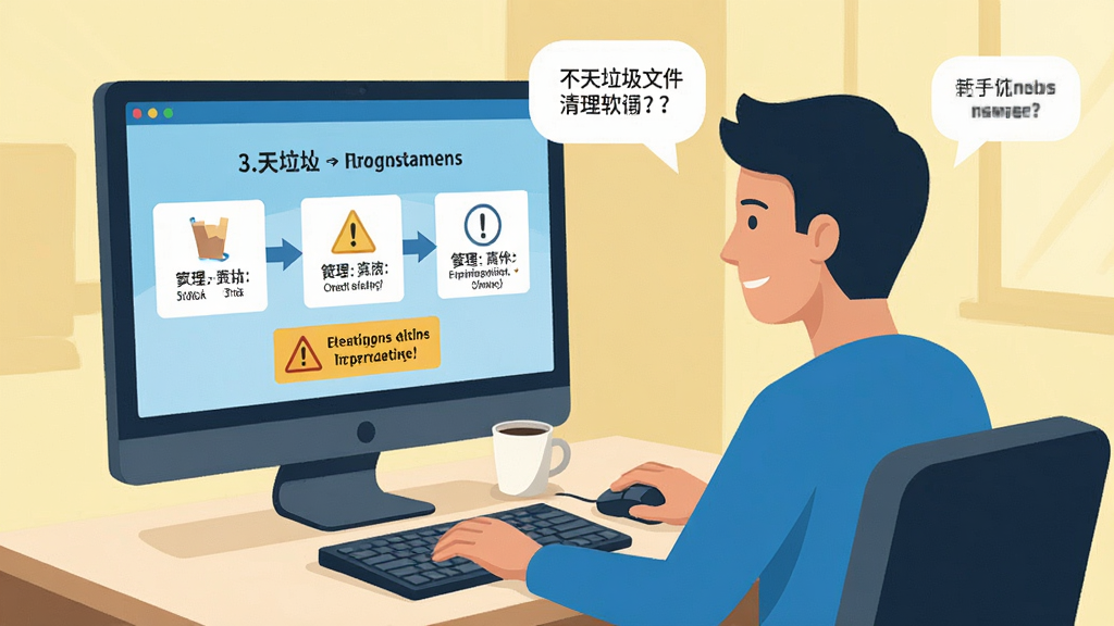 一幅表现意天垃圾文件清理软件新手使用场景的插画,主体是一位用户坐在电脑前按照屏幕提示操作软件,屏幕上有明显的步骤指引和警告标识,布局以人物和屏幕为中心,排版自然,风格扁平化插画,细节包括桌面上的鼠标键盘和提示气泡,画质高清,干净无多余元素